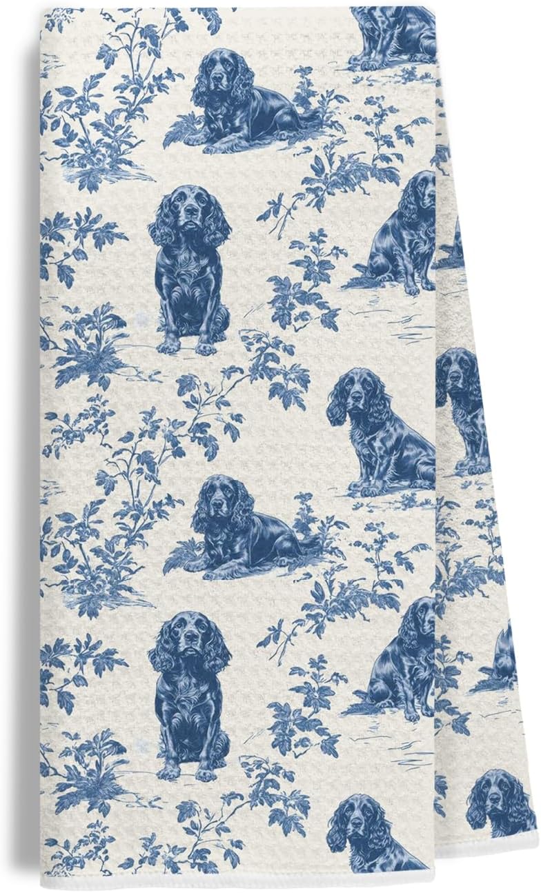 EKGJW Chinoiserie Cocker Spaniel Kitchen & Tea Towel for Women, Farmhouse Floral Dish & Hand Towel for Dog Lovers Moms,16x24 Inch - Image 1